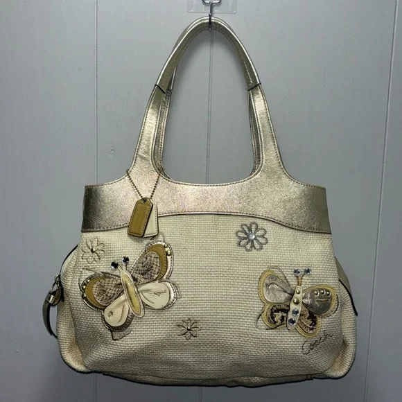 Coach Ivory Straw Embossed Embroidery Butterfly Gold Leather Trim Shoulder Bag - Picture 3 of 17